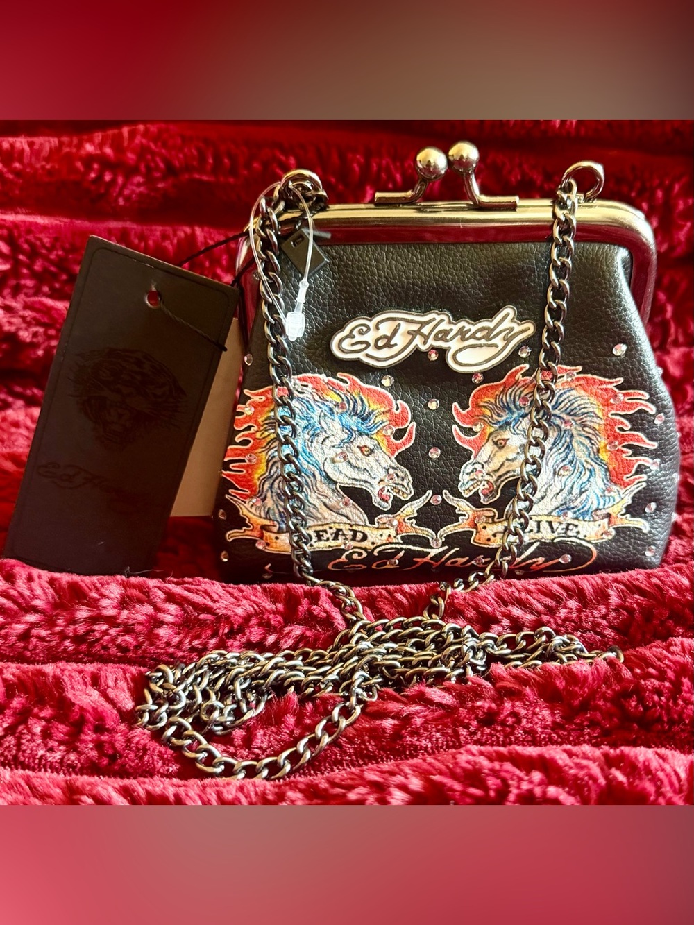 Ed Hardy Black Leather Crossbody with Multicolor Tattoo Horse Motif